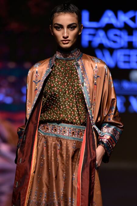 Rajdeep Ranawat_Brown Satin Mandarin Collar Printed Jacket_Online_at_Aza_Fashions