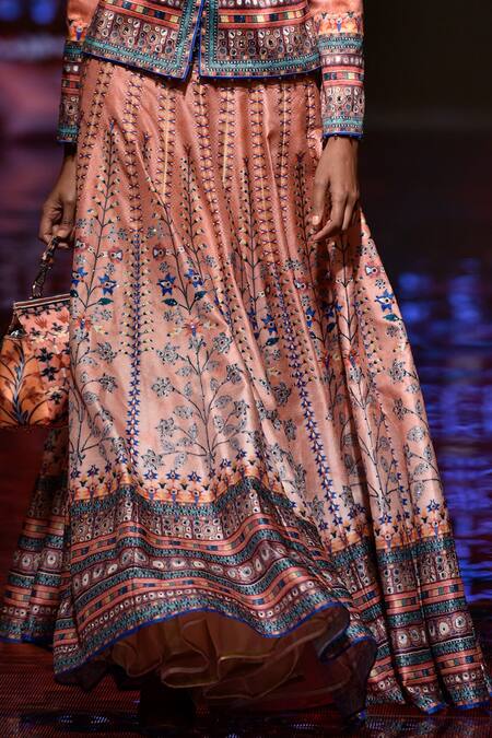Rajdeep Ranawat_Peach Dupion Silk Printed Lehenga Skirt_Online_at_Aza_Fashions