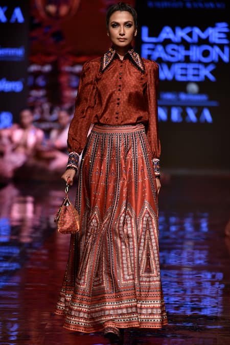Rajdeep Ranawat Red Dupion Silk Printed Lehenga Skirt 