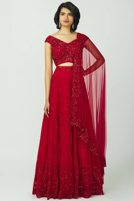 Bombae By Deepika Reddy Red Blouse Embellished Lehenga Set