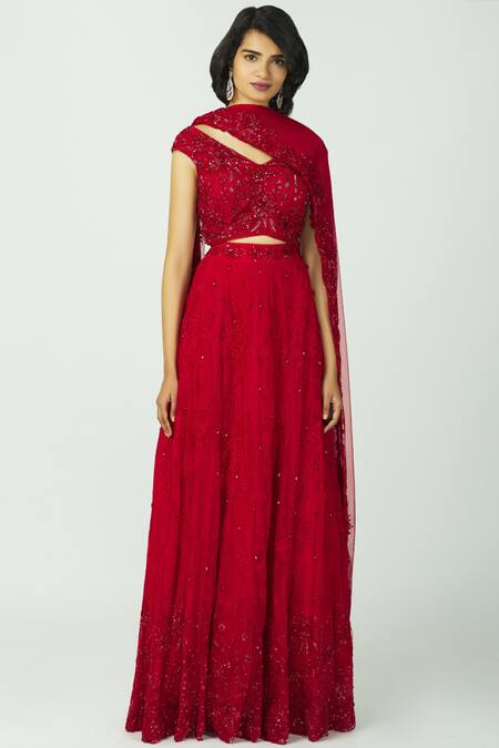 Bombae By Deepika Reddy_Red Blouse Embellished Lehenga Set_Online_at_Aza_Fashions