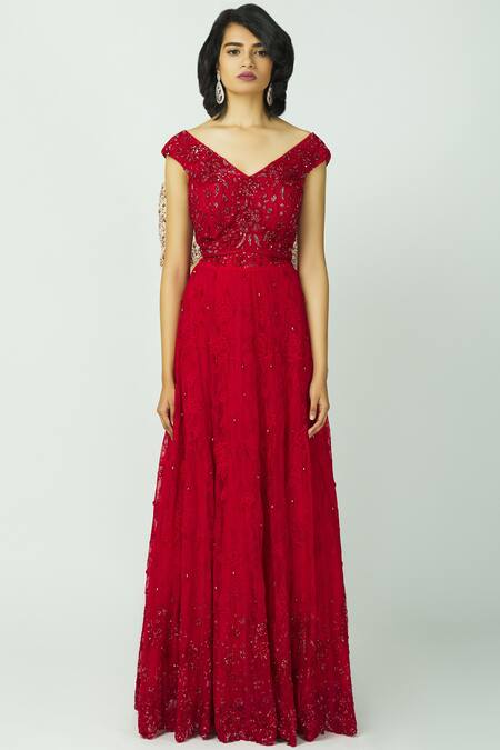 Buy_Bombae By Deepika Reddy_Red Blouse Embellished Lehenga Set_Online_at_Aza_Fashions