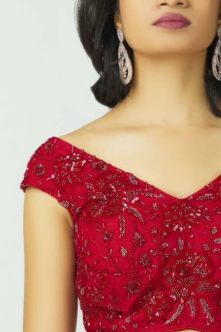 Bombae By Deepika Reddy_Red Blouse Embellished Lehenga Set_at_Aza_Fashions