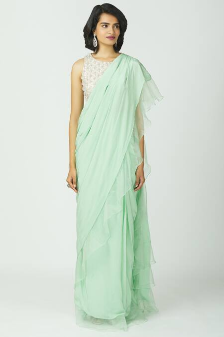 Bombae By Deepika Reddy Green Blouse Silk Embellished Pre-draped Saree 4