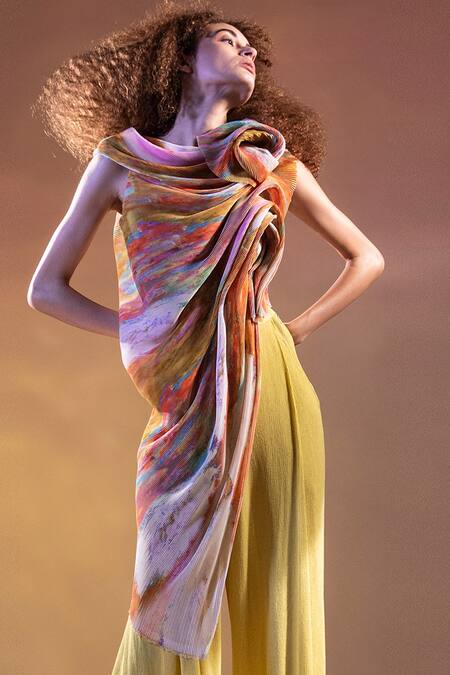 Buy_Abhishek Sharma_Yellow Net, Georgette Round Printed Draped Top_Online_at_Aza_Fashions