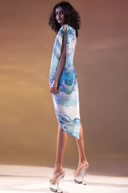 Abhishek Sharma_Blue Net, Georgette Round Printed Draped Top_Online_at_Aza_Fashions