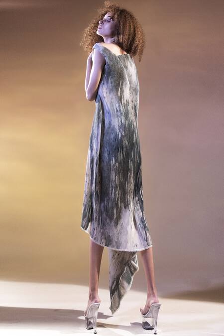 Abhishek Sharma Grey Net, Georgette Round Pleated Asymmetrical Dress Online at Aza Fashions Abhishek Sharma_Grey Net, Georgette Round Pleated Asymmetrical Dress _Online_at_Aza_Fashions