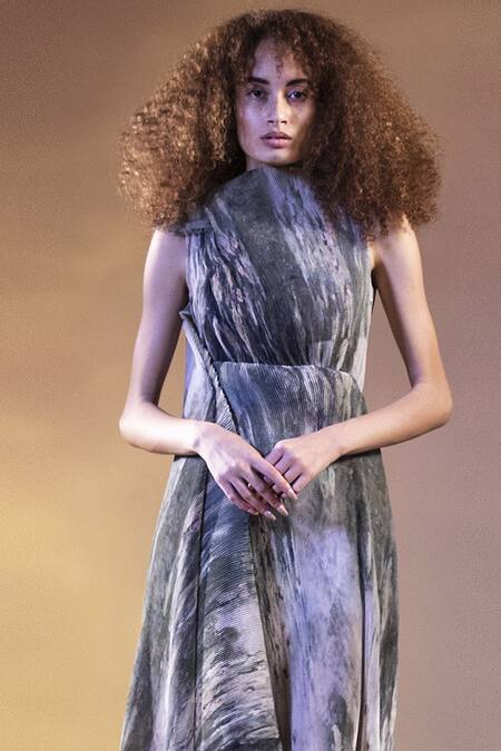 Buy_Abhishek Sharma_Grey Net, Georgette Round Pleated Asymmetrical Dress _Online_at_Aza_Fashions