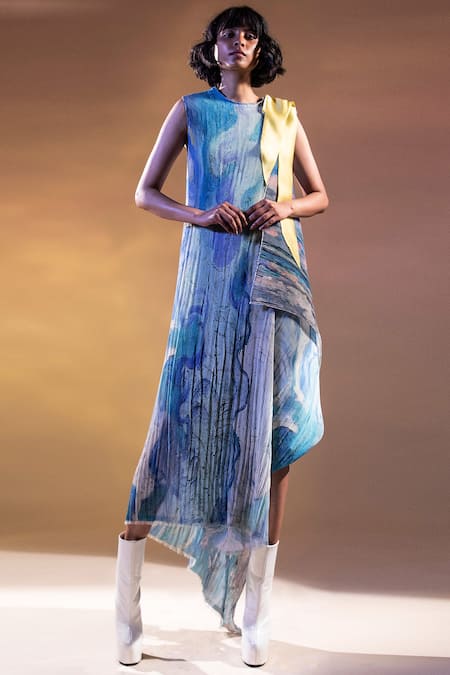 Abhishek Sharma White Georgette Round Draped Printed Dress  