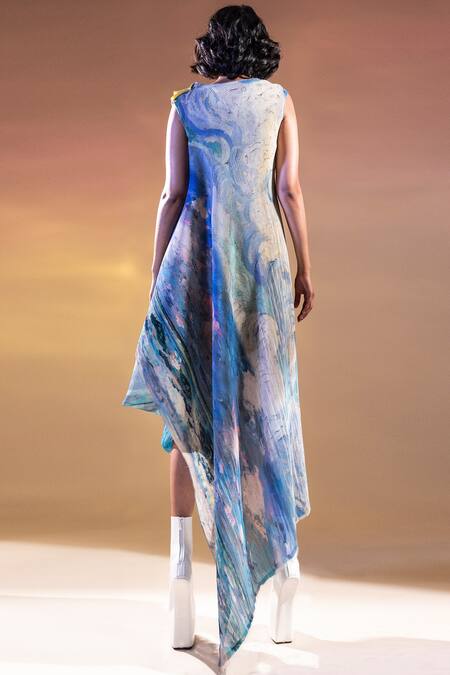 Shop Abhishek Sharma White Georgette, Moss Crepe Round Draped Printed Dress at Aza Fashions Shop_Abhishek Sharma_White Georgette, Moss Crepe Round Draped Printed Dress _at_Aza_Fashions