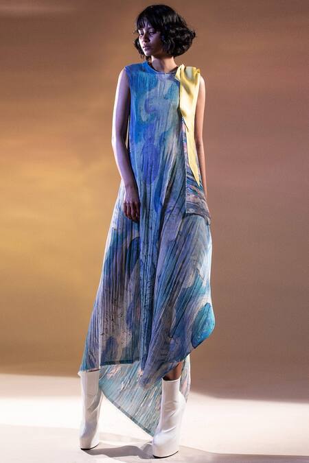 Abhishek Sharma White Georgette, Moss Crepe Round Draped Printed Dress Online at Aza Fashions Abhishek Sharma_White Georgette, Moss Crepe Round Draped Printed Dress _Online_at_Aza_Fashions