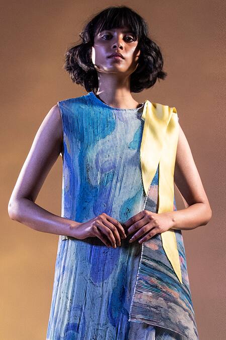 Buy Abhishek Sharma White Georgette, Moss Crepe Round Draped Printed Dress Online at Aza Fashions Buy_Abhishek Sharma_White Georgette, Moss Crepe Round Draped Printed Dress _Online_at_Aza_Fashions