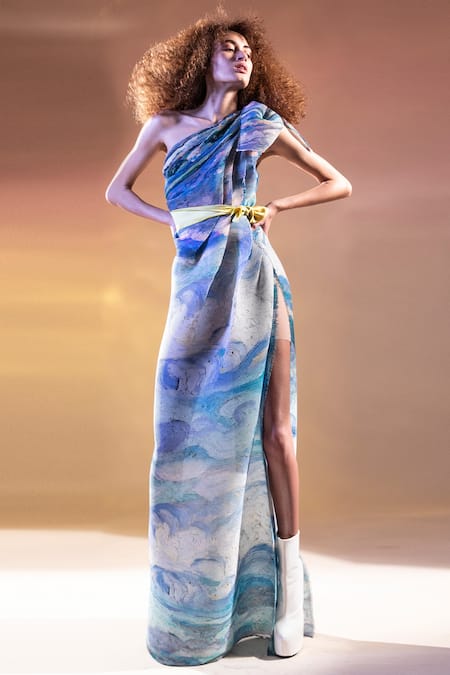 Abhishek Sharma Printed One Shoulder Gown 