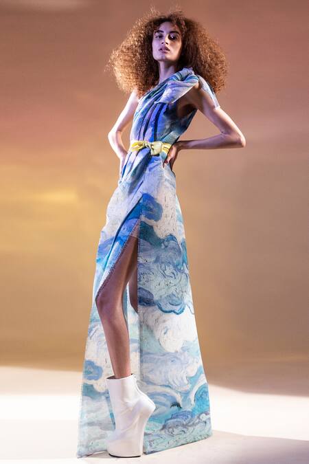 Abhishek Sharma_White Georgette, Stretch Net One Shoulder Printed Gown _Online_at_Aza_Fashions