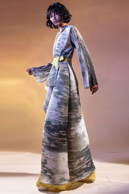 Abhishek Sharma White Georgette, Satin, Moss Crepe Open Asymmetric Printed Jacket Online at Aza Fashions Abhishek Sharma_White Georgette, Satin, Moss Crepe Open Asymmetric Printed Jacket _Online_at_Aza_Fashions