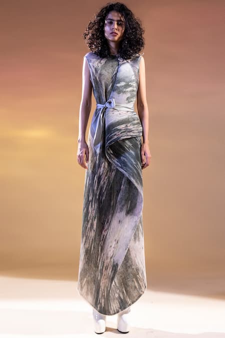 Abhishek Sharma White Georgette, Moss Crepe Round Printed Long Dress