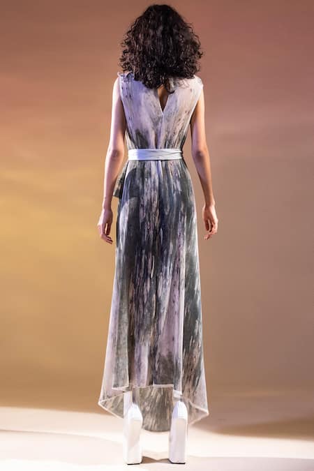 Shop Abhishek Sharma White Georgette, Moss Crepe Round Printed Long Dress at Aza Fashions Shop_Abhishek Sharma_White Georgette, Moss Crepe Round Printed Long Dress _at_Aza_Fashions