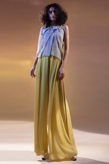 Abhishek Sharma_Grey Chiffon, Moss Crepe Asymmetric One Shoulder Cape_Online_at_Aza_Fashions
