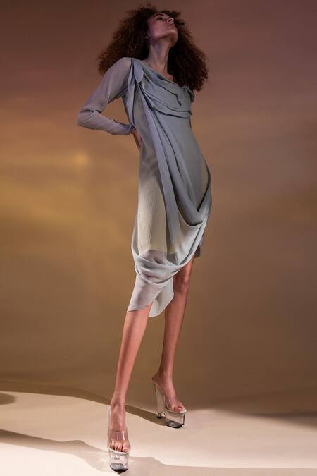 Abhishek Sharma_Grey Chiffon, Moss Crepe Round Draped Tunic_Online_at_Aza_Fashions