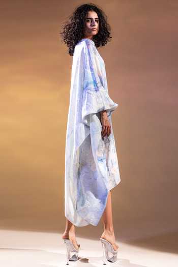 Abhishek Sharma_Blue Linen Round Printed Tunic_Online_at_Aza_Fashions