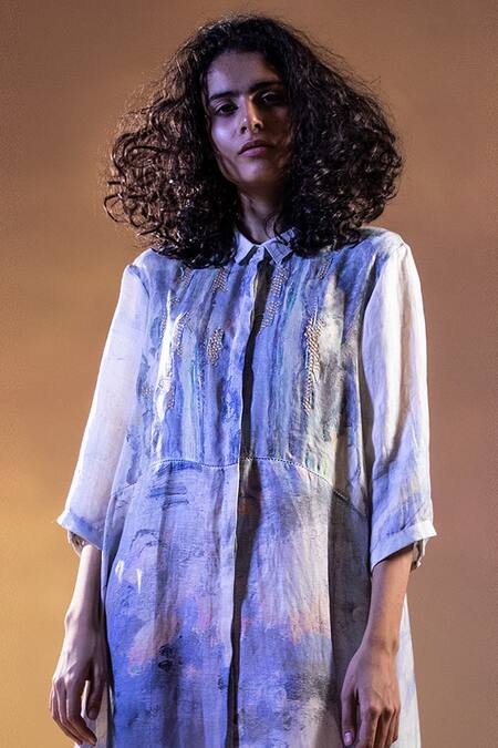 Buy Abhishek Sharma Blue Linen Shirt Collar Dress Online at Aza Fashions Buy_Abhishek Sharma_Blue Linen Shirt Collar Dress_Online_at_Aza_Fashions