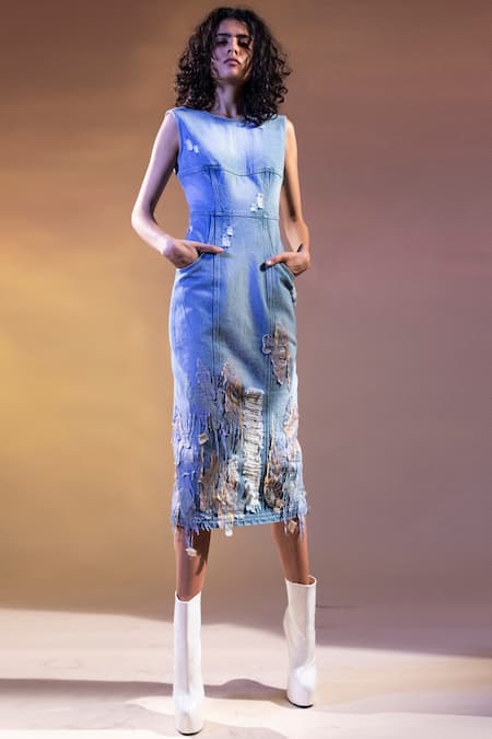 Abhishek Sharma Blue Denim Round Midi Dress  