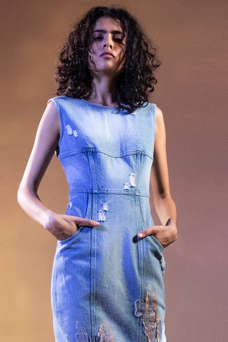 Abhishek Sharma_Blue Denim Round Midi Dress_Online_at_Aza_Fashions