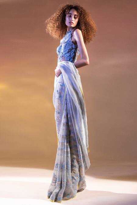 Abhishek Sharma Grey Net, Satin, Silk Organza Embroidered Saree Online at Aza Fashions Abhishek Sharma_Grey Net, Satin, Silk Organza Embroidered Saree_Online_at_Aza_Fashions