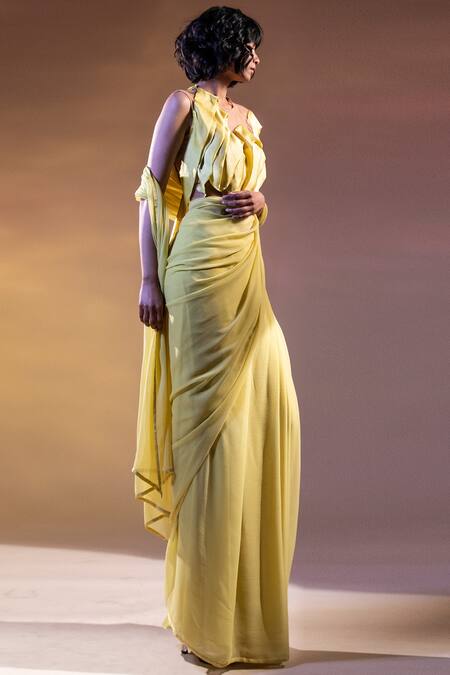 Abhishek Sharma Yellow Chiffon Saree Online at Aza Fashions Abhishek Sharma_Yellow Chiffon Saree _Online_at_Aza_Fashions