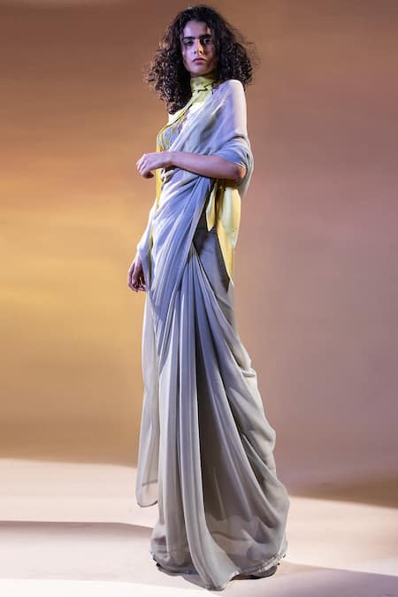 Abhishek Sharma_Grey Chiffon Saree_Online_at_Aza_Fashions
