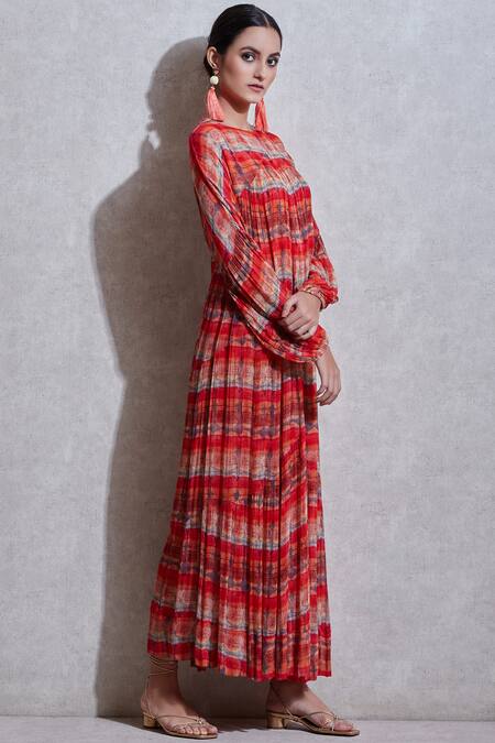 Ritu Kumar_Red Chiffon, Viscose Round Printed Maxi Dress_Online_at_Aza_Fashions