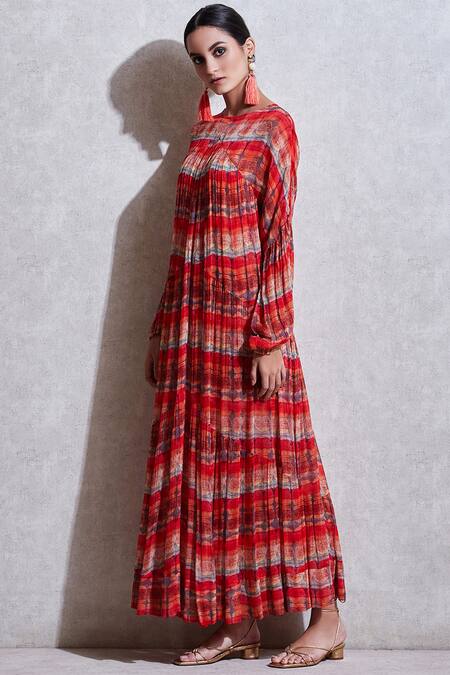 Buy_Ritu Kumar_Red Chiffon, Viscose Round Printed Maxi Dress_Online_at_Aza_Fashions