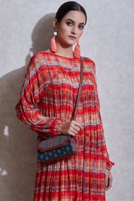 Shop_Ritu Kumar_Red Chiffon, Viscose Round Printed Maxi Dress_Online_at_Aza_Fashions