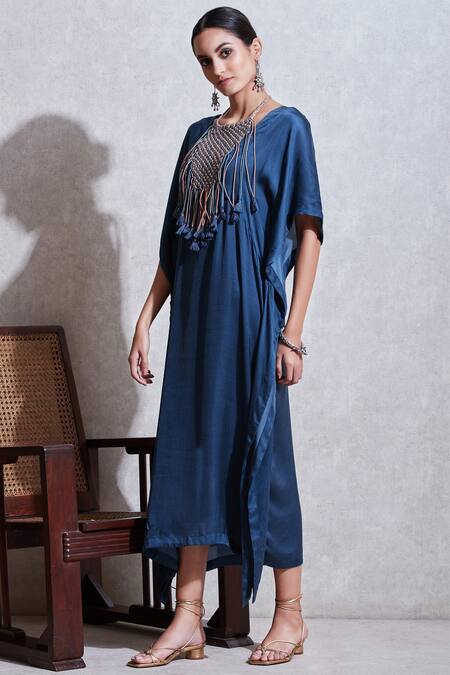 Buy_Ritu Kumar_Blue Crepe, Viscose V Neck Tassel Kaftan_Online_at_Aza_Fashions