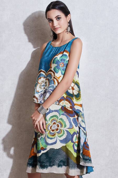 Ritu Kumar_Blue Crepe, Viscose Round Printed Dress_Online_at_Aza_Fashions