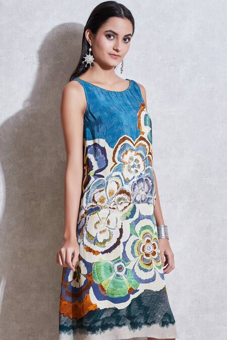 Buy_Ritu Kumar_Blue Crepe, Viscose Round Printed Dress_Online_at_Aza_Fashions
