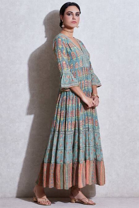 Ritu Kumar_Green Cotton Slub V Neck Printed Kurta_Online_at_Aza_Fashions