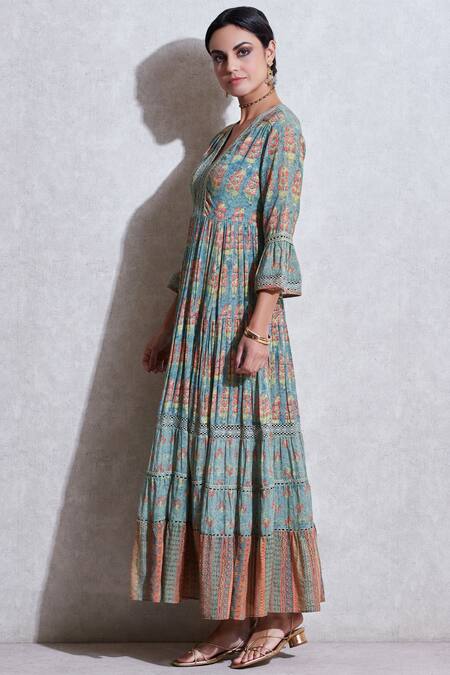 Buy_Ritu Kumar_Green Cotton Slub V Neck Printed Kurta_Online_at_Aza_Fashions