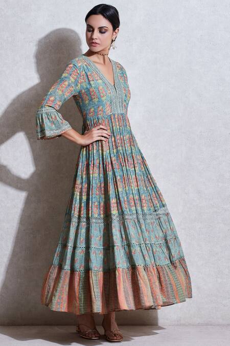 Shop_Ritu Kumar_Green Cotton Slub V Neck Printed Kurta_Online_at_Aza_Fashions