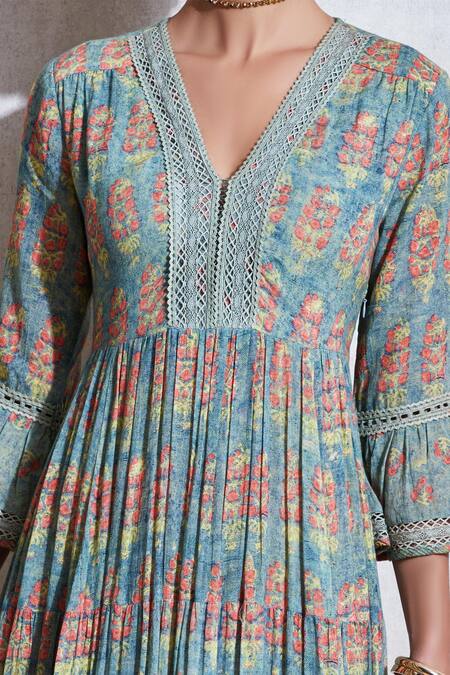 Ritu Kumar_Green Cotton Slub V Neck Printed Kurta_at_Aza_Fashions