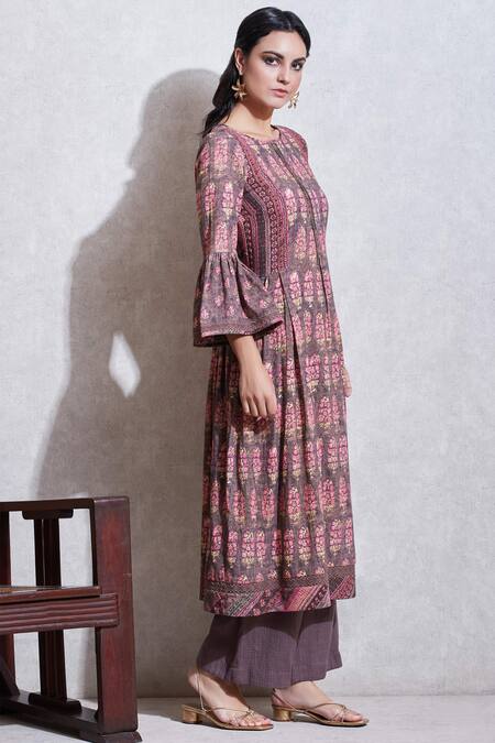 Ritu Kumar_Brown Cotton Slub Round Printed Kurta And Palazzo Set_Online_at_Aza_Fashions