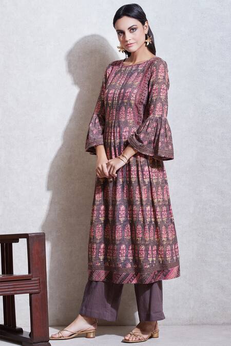 Buy_Ritu Kumar_Brown Cotton Slub Round Printed Kurta And Palazzo Set_Online_at_Aza_Fashions