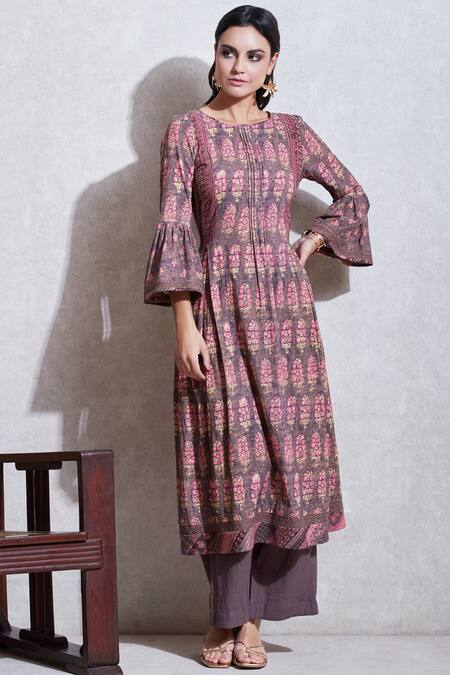 Shop_Ritu Kumar_Brown Cotton Slub Round Printed Kurta And Palazzo Set_Online_at_Aza_Fashions