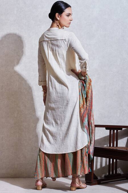 Shop Ritu Kumar White Cotton Slub Band Collar Button Down Kurta Set at Aza Fashions Shop_Ritu Kumar_White Cotton Slub Band Collar Button Down Kurta Set_at_Aza_Fashions