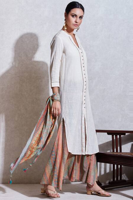 Ritu Kumar White Cotton Slub Band Collar Button Down Kurta Set Online at Aza Fashions Ritu Kumar_White Cotton Slub Band Collar Button Down Kurta Set_Online_at_Aza_Fashions