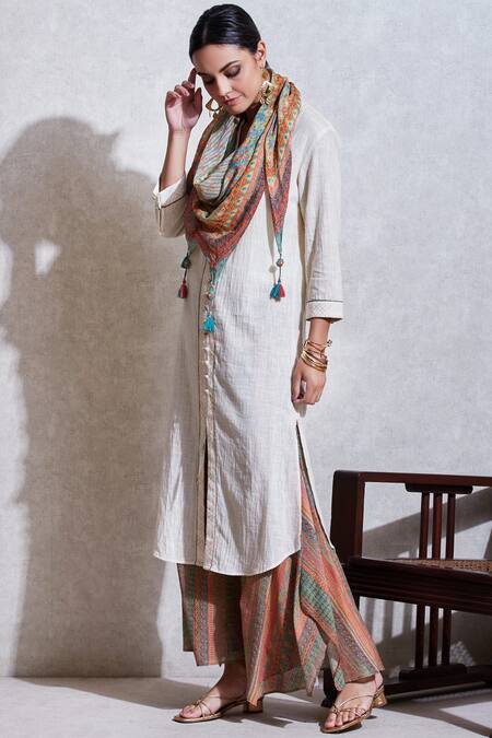 Buy Ritu Kumar White Cotton Slub Band Collar Button Down Kurta Set Online at Aza Fashions Buy_Ritu Kumar_White Cotton Slub Band Collar Button Down Kurta Set_Online_at_Aza_Fashions