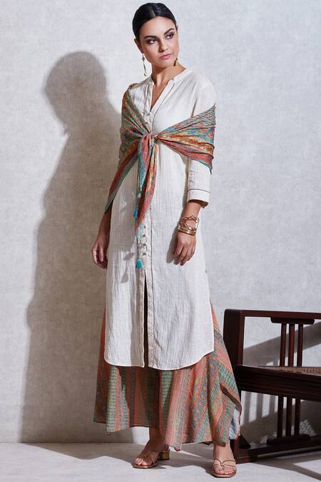 Shop Ritu Kumar White Cotton Slub Band Collar Button Down Kurta Set Online at Aza Fashions Shop_Ritu Kumar_White Cotton Slub Band Collar Button Down Kurta Set_Online_at_Aza_Fashions