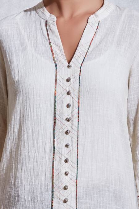 Ritu Kumar White Cotton Slub Band Collar Button Down Kurta Set at Aza Fashions Ritu Kumar_White Cotton Slub Band Collar Button Down Kurta Set_at_Aza_Fashions