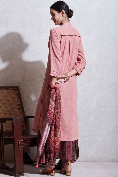 Shop Ritu Kumar Pink Cotton Slub Band Collar Button Down Kurta Set at Aza Fashions Shop_Ritu Kumar_Pink Cotton Slub Band Collar Button Down Kurta Set_at_Aza_Fashions