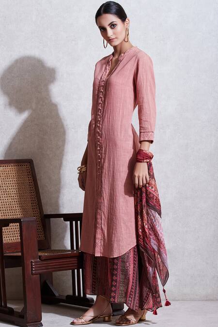 Ritu Kumar Pink Cotton Slub Band Collar Button Down Kurta Set Online at Aza Fashions Ritu Kumar_Pink Cotton Slub Band Collar Button Down Kurta Set_Online_at_Aza_Fashions
